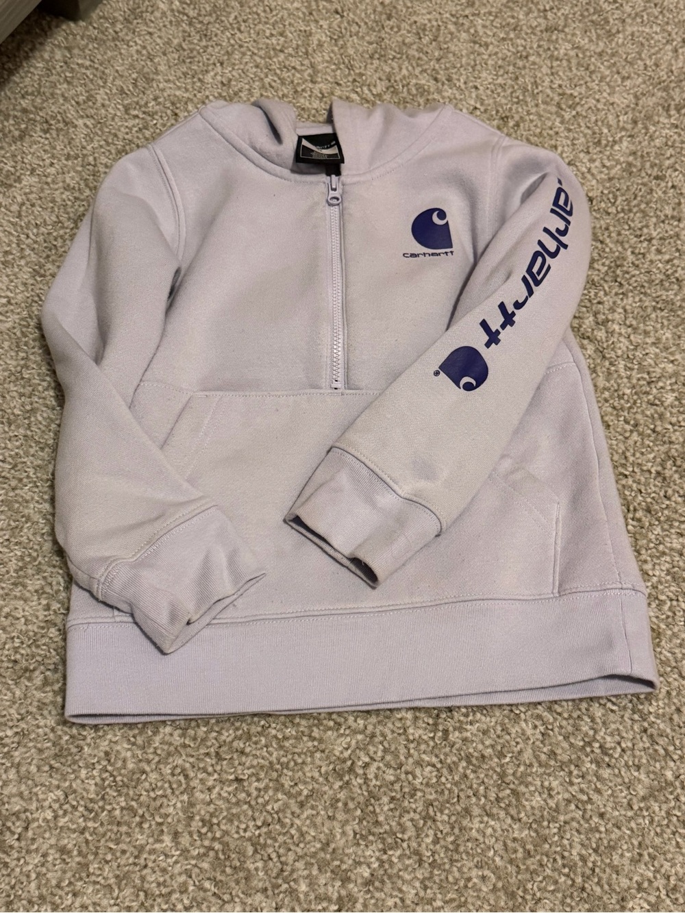Carhartt Kids Half-Zip Hoodie in Light Lavender with Navy Logos